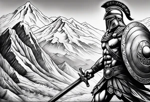 Spartan Warrior Wielding A Sword Surrounded By Mountains Tattoo Idea tattoo idea
