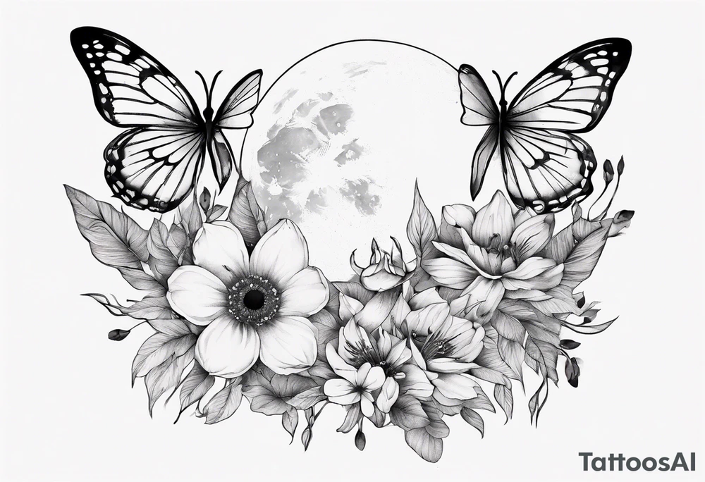 Thigh tattoo with floral and butterflies and moon. Show on thigh tattoo idea