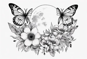 Thigh tattoo with floral and butterflies and moon. Show on thigh tattoo idea