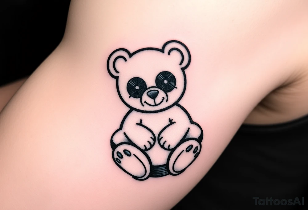 minimalist teddy bear with vinyl records as eyes smiling and sitting on a record tattoo idea