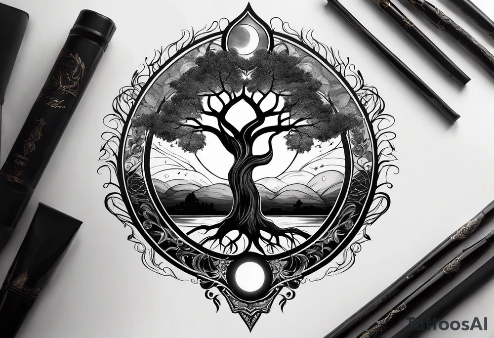 Tree of life with deep roots, the tree is holding the sun and the moon tattoo idea