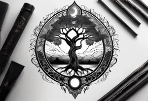 Tree of life with deep roots, the tree is holding the sun and the moon tattoo idea