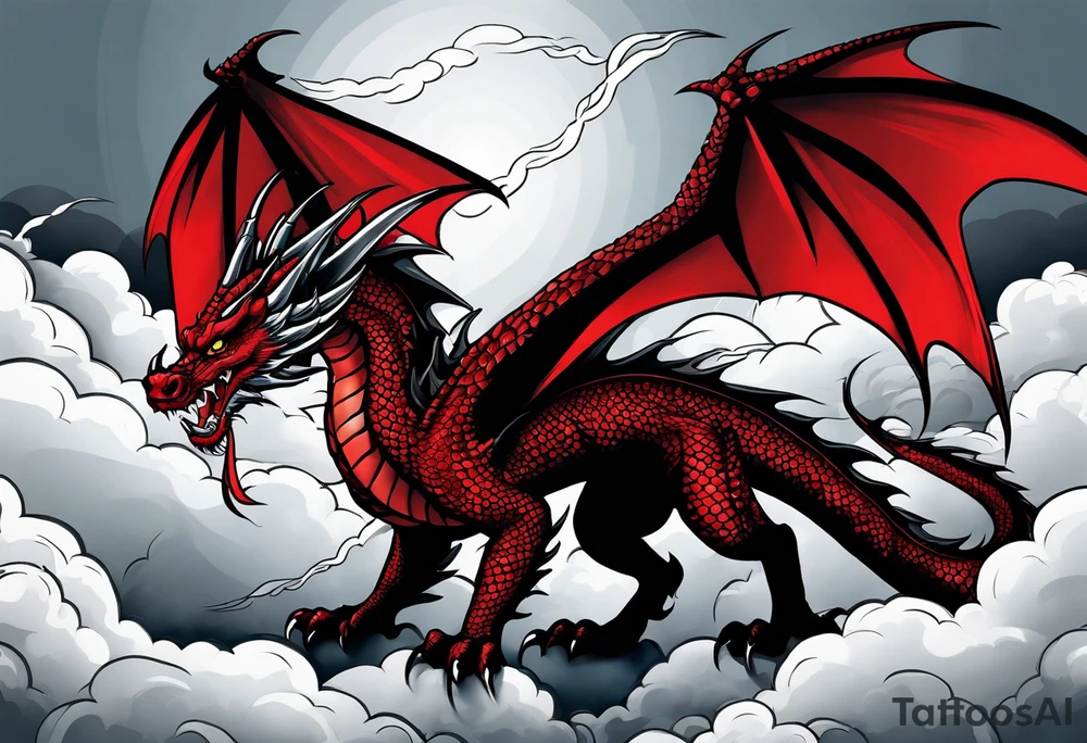 Black and red dragon with a danger tail. In the clouds with lightning. tattoo idea