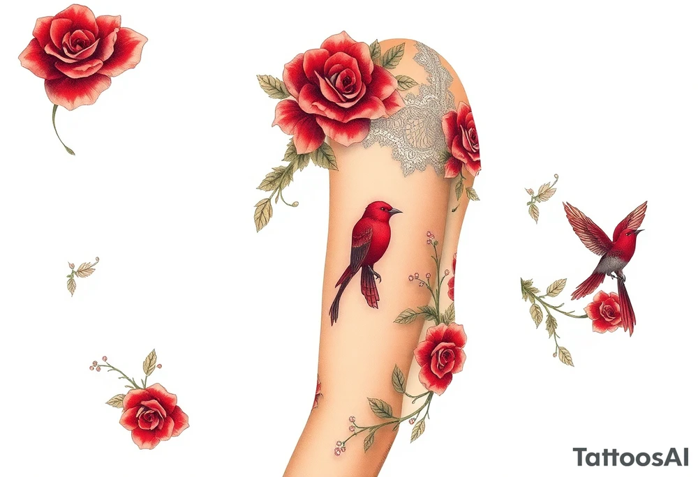 Vintage dollies, red roses, lace, red bird, no people, vintage tattoo idea