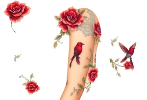 Vintage dollies, red roses, lace, red bird, no people, vintage tattoo idea