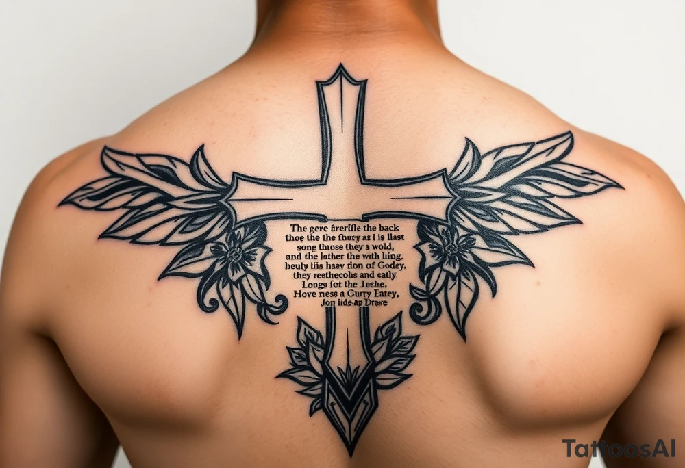 A cross with scripture surrounded by Micronesian tribal tattoo idea