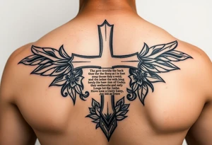 A cross with scripture surrounded by Micronesian tribal tattoo idea