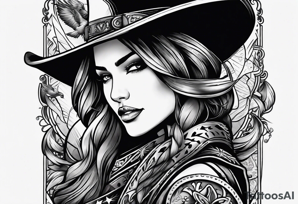 women’s sleeve with a wild west vibe with elements of a cowboy, playing cards, and birds tattoo idea