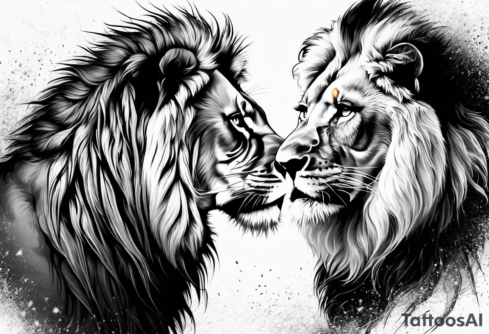 Realistic lion and lioness 
bonding tattoo idea