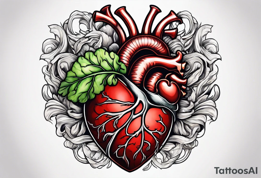 Human heart intertwined with cabbage leaved tattoo idea
