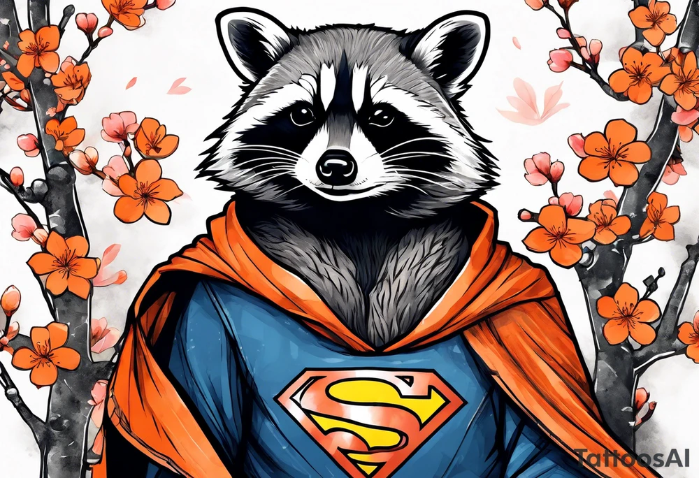 raccoon wearing a Superman hoodie with orange Japanese cherry blossoms tattoo idea
