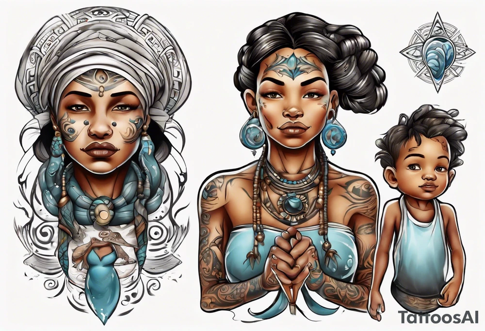 ethnic 
water-bearing woman and two little boys, tattoo idea