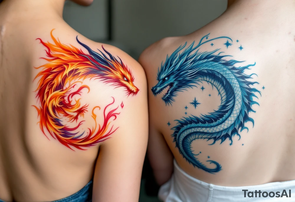 One partner wears a fierce red-orange phoenix, while the other bears a cool silver-blue dragon, united as fire and wisdom. tattoo idea
