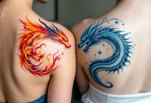 One partner wears a fierce red-orange phoenix, while the other bears a cool silver-blue dragon, united as fire and wisdom. tattoo idea