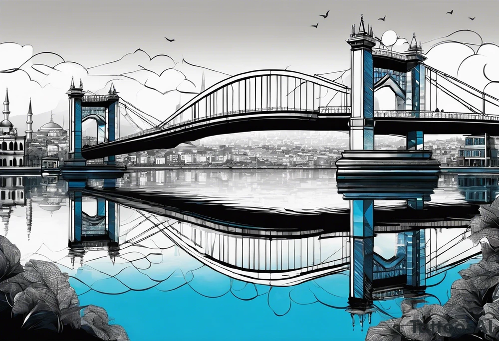 Istanbul bridge with blue details and behind them a big yellow canary tattoo idea