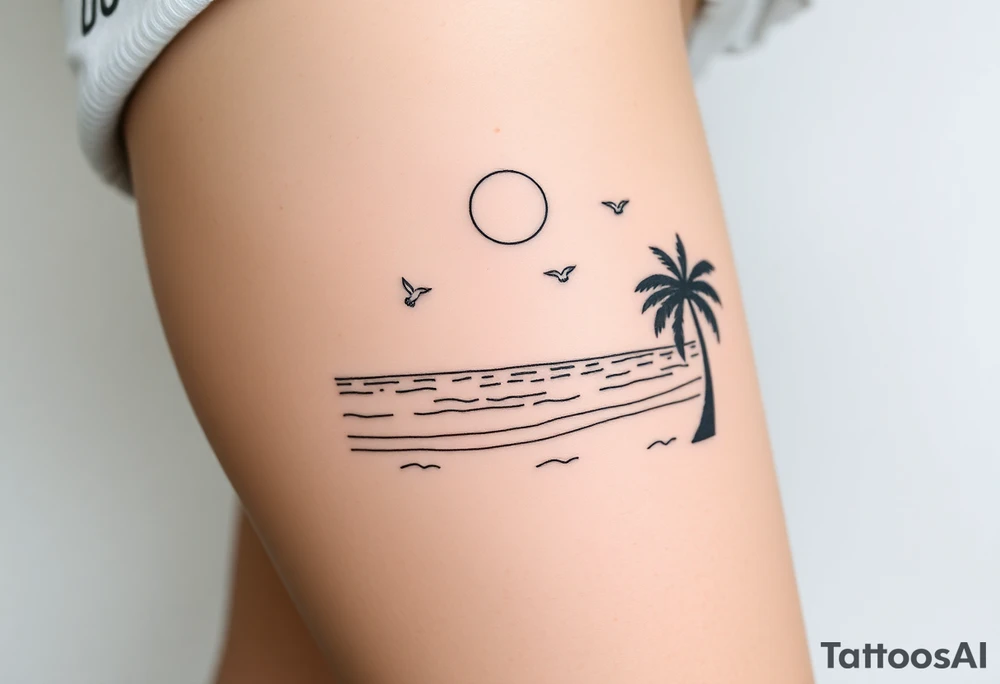 happy, peaceful, serene, timeless, ocean, sand, palm tree, seagulls, sun tattoo idea