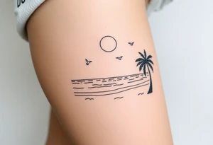 happy, peaceful, serene, timeless, ocean, sand, palm tree, seagulls, sun tattoo idea