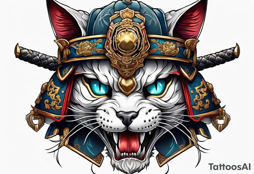 A cat skull in a samurai armor tattoo idea