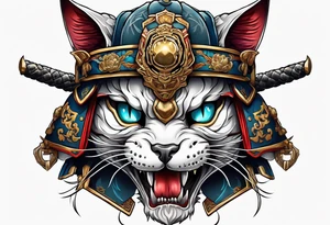 A cat skull in a samurai armor tattoo idea