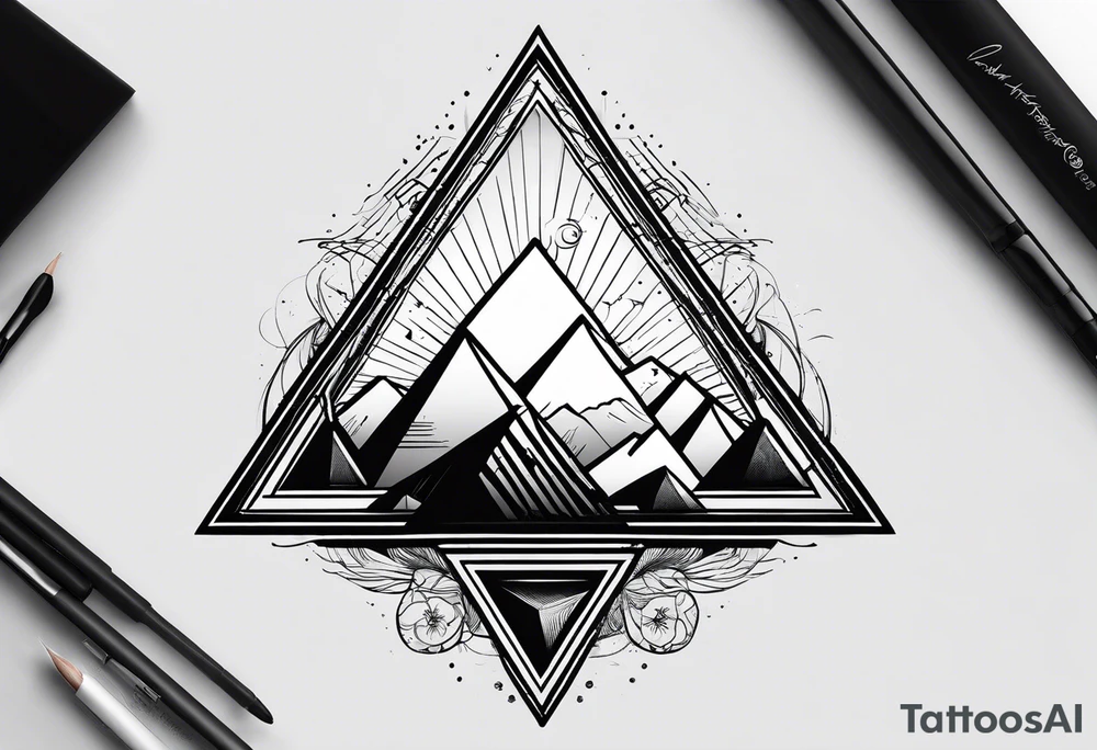 Un triangulo con una persona al medio, estilo de dibujo con lineas en blanco y negro mas simple solo lineas y una persona muy pequeña tattoo idea