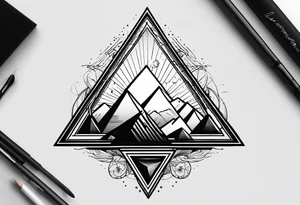 Un triangulo con una persona al medio, estilo de dibujo con lineas en blanco y negro mas simple solo lineas y una persona muy pequeña tattoo idea