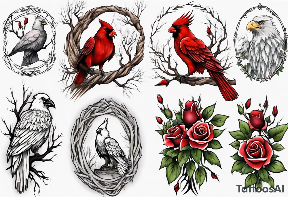 A full sleeve Willow tree with a cardinal holding a rose and a eagle tattoo idea
