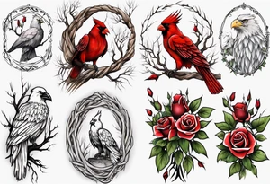 A full sleeve Willow tree with a cardinal holding a rose and a eagle tattoo idea