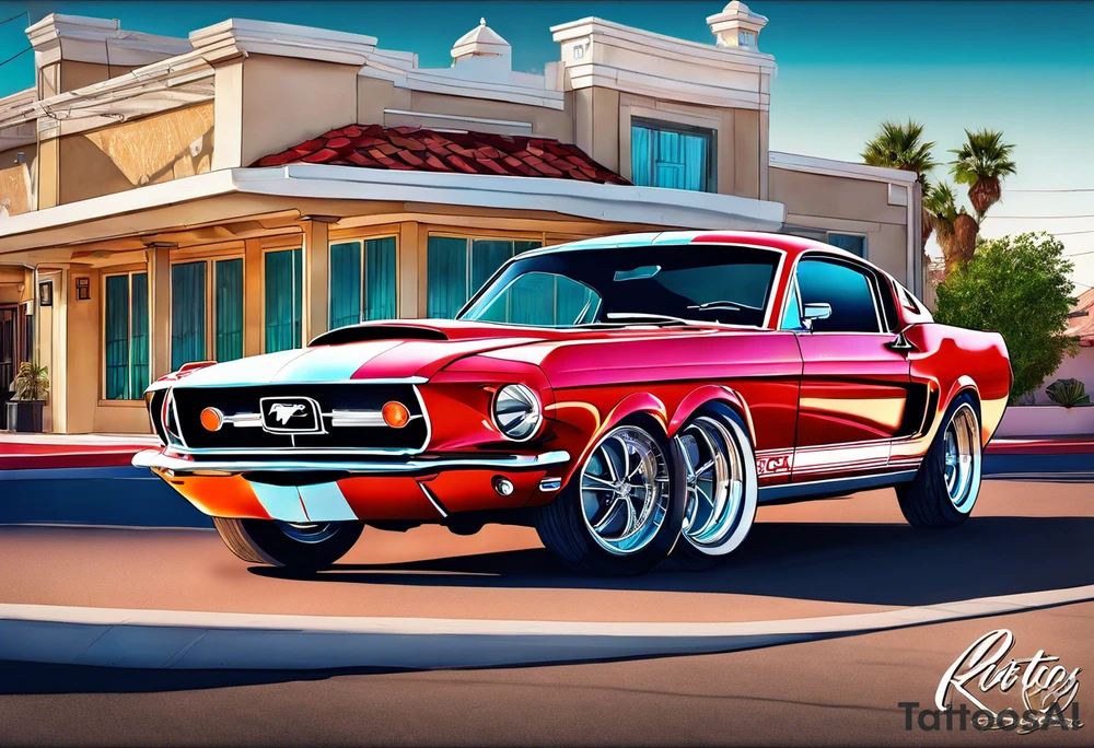 Ford mustang in front of little white Wedding Chapel in las vegas tattoo idea