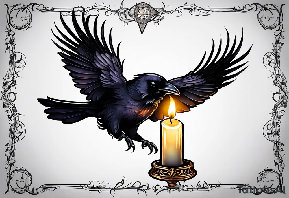 Gothic raven flying holding a candle with a star lite backgeound tattoo idea