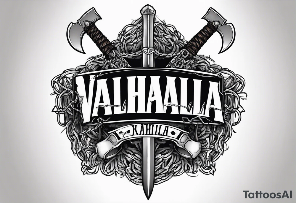 Valhalla sword shield axe barbed wire chains dark cloud tattoo idea