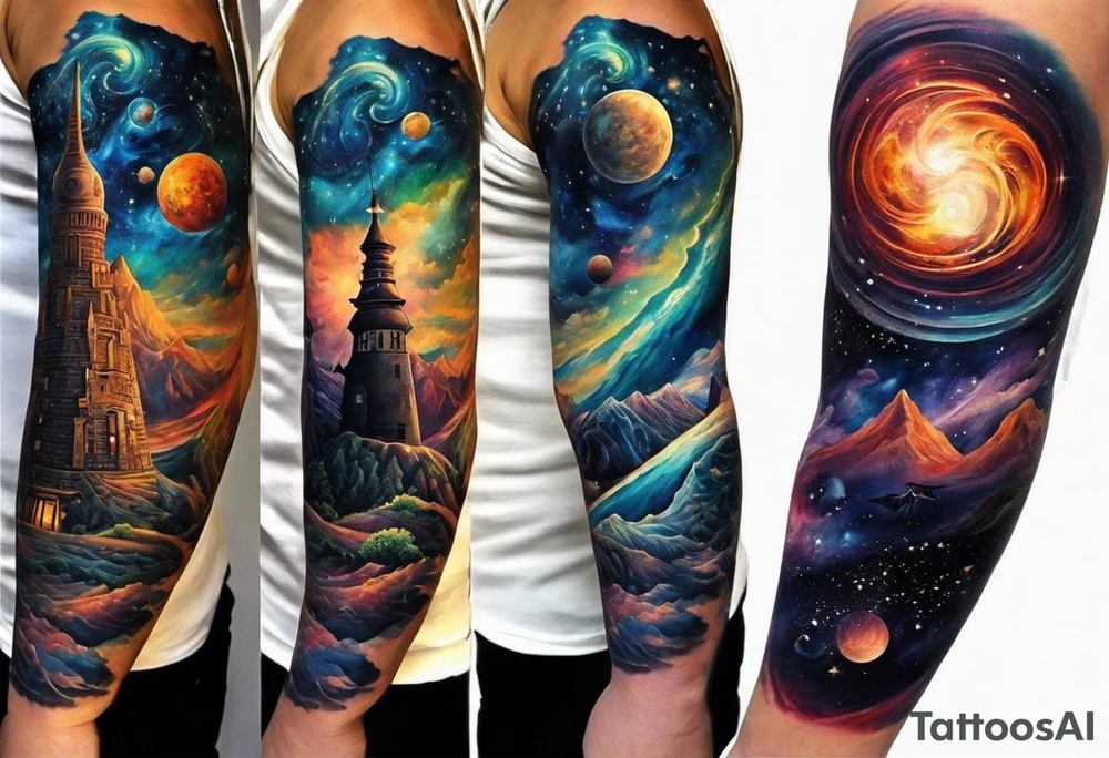 I have multiple tattos but i am getting a sleeve done on my arm.
I want the sleeve to be only about time space continuum, purpose, desire and ambition linked to it. I want the concept to me about how miniscual we are in this universe but how we feel big and lose perspective and a sense of purpose. I also want Shiva to be added to the tattoo as shiva is considered the destroyer which scientifically goes back to big bang. SO create a tattoo for me in geometric design for my whole right arm tattoo idea