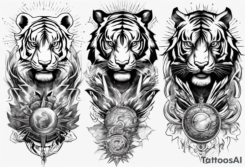 Ancient tiger with lightning and a sun for a forearm sleeve. With patterns surrounding it tattoo idea