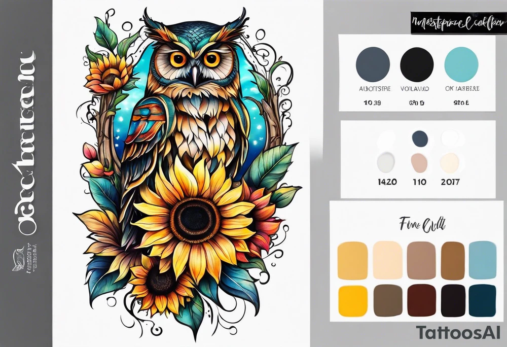 Leg sleeve with colorful sunflowers and an owl tattoo idea