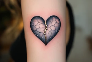 A heart made of porcelain, cracked and repaired with gold (Kintsugi style), showing that healing makes us stronger. tattoo idea