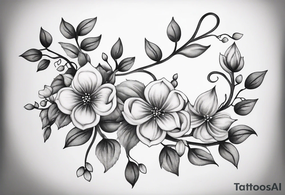 Create a delicate line art tattoo of intertwined vines and small blossoms, emphasizing elegance and simplicity. tattoo idea