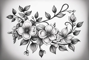 Create a delicate line art tattoo of intertwined vines and small blossoms, emphasizing elegance and simplicity. tattoo idea