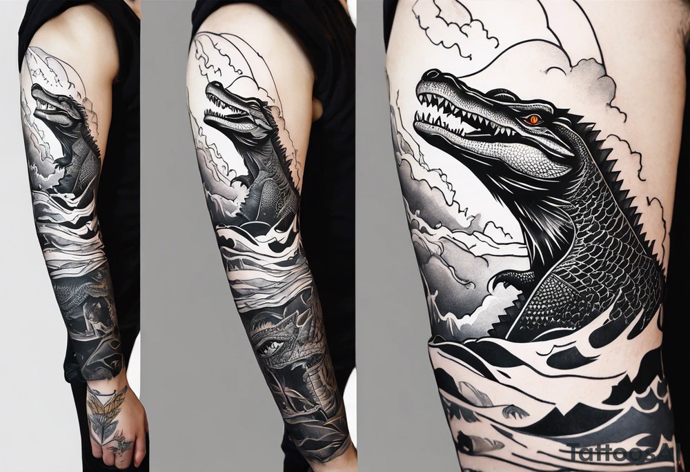 Make an arm sleeve with lightning bolt and alligators tattoo idea Make an arm sleeve with lightning bolt and alligators tattoo idea