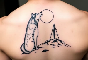 smALL HUSKY LOOKING AT A TRIBAL MOON STANDONG IN THE SAND tattoo idea