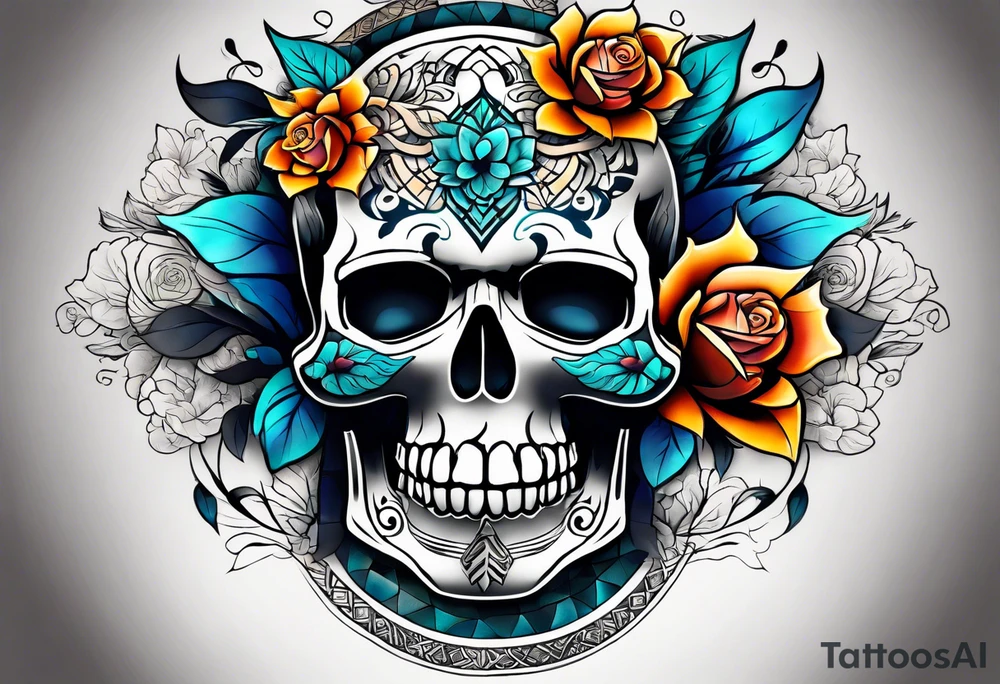 Front knee tattoo with fall colors, small flowers, rose, mayan style skull, leaves, blue water flows with washes and background tattoo idea