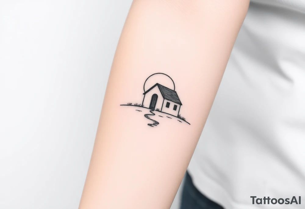 Corwded house distant sun tattoo idea