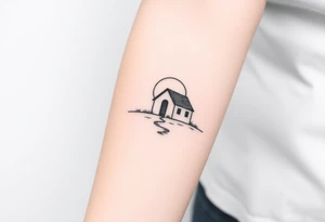 Corwded house distant sun tattoo idea