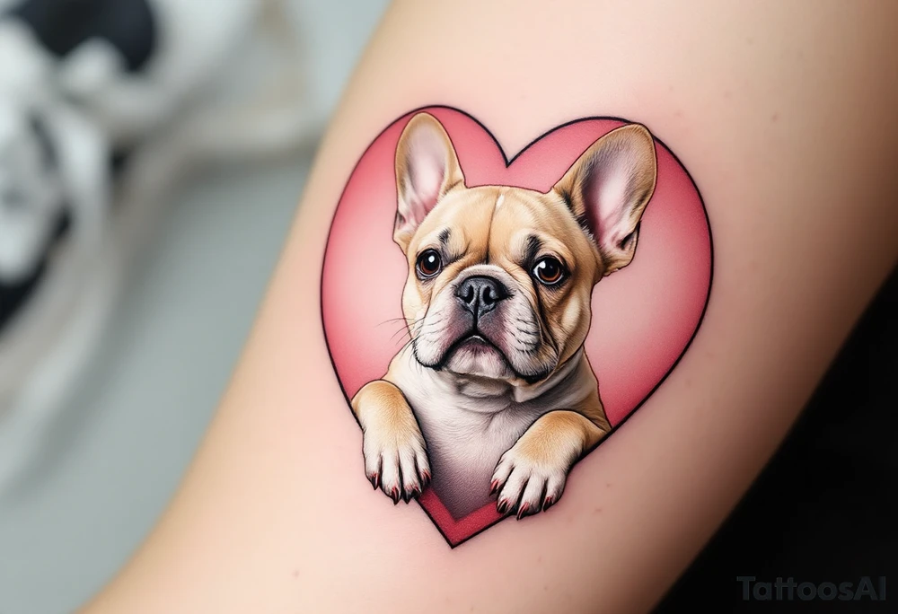 French Bulldog inside a heart-shaped frame, paws leaning over the edge, colored tan and white with light pink shading around the heart. tattoo idea