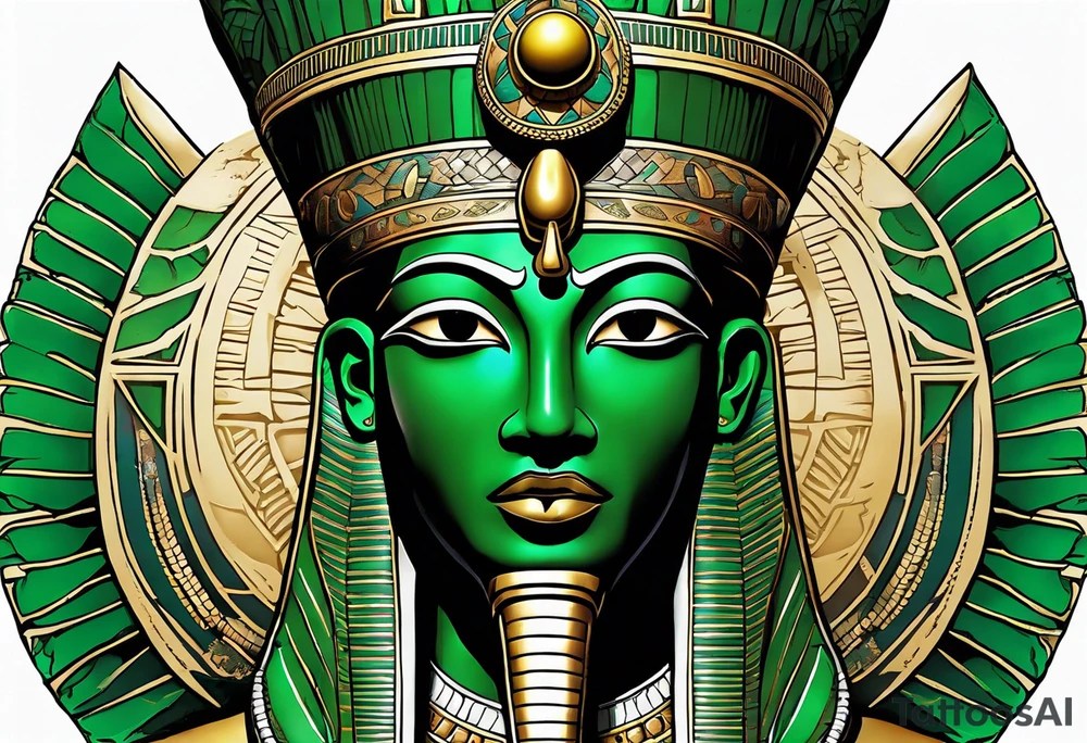 The tattoo represents Osiris, the god of the afterlife and resurrection, with his iconic green skin and traditional attire. His body is wrapped in a detailed shroud, and he is depicted with the Atef crown, featuring the white crown of Upper Egypt flanked by two feathers. His eyes are serene yet powerful, reflecting his role as the judge of the dead. The detailed texture of his skin and attire, along with realistic shadows and highlights, accentuate Osiris’s divine and otherworldly presence. tattoo idea