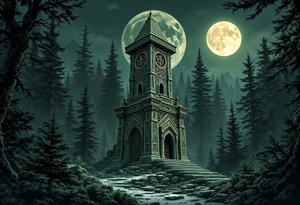 Slavic Pagan Temple – A stone temple with intricate geometric carvings in mossy green and gray tones, nestled in a dark pine forest under a full moon. tattoo idea