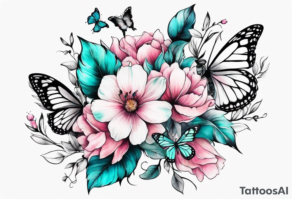 Female arm sleeve with pink, white, and teal flowers and butterflies tattoo idea