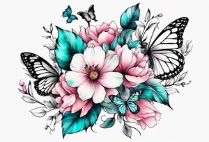 Female arm sleeve with pink, white, and teal flowers and butterflies tattoo idea
