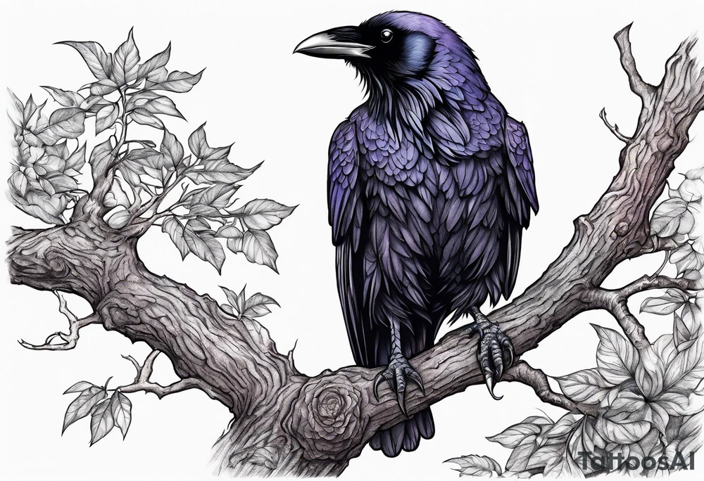 Evil Raven standing  on a tree branch tattoo idea
