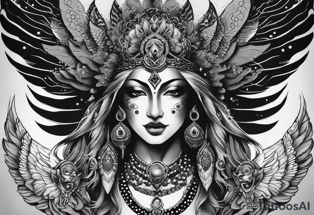 black kali, goddess pirate, alien, angel, pachamama, valkrye, warrior, flying, skull, lotus azul, wing, eagle, zenza resonance, stars, 5D, anahata chakra, death, durga, riding on a tiger, flying lady, kundalini, chest tatoo, samuri, rebel, serpent tattoo idea
