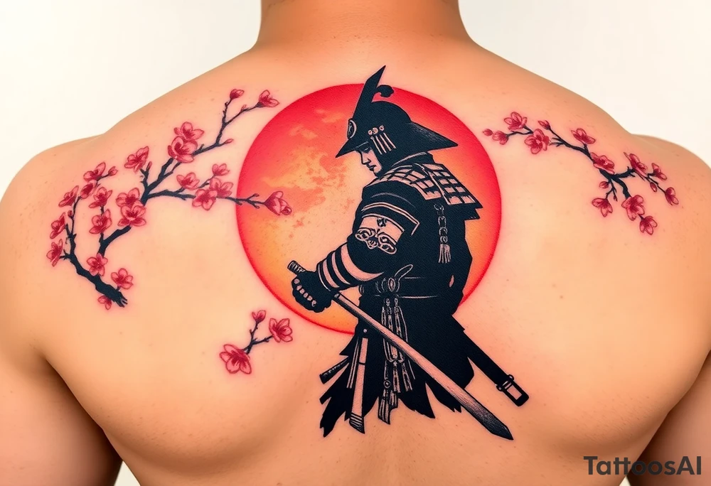 noble samurai warrior silhouette at sunset with cherry blossoms tattoo idea