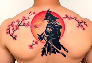 noble samurai warrior silhouette at sunset with cherry blossoms tattoo idea
